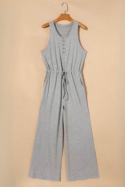 Ribbed Knit Buttons Drawstring Sleeveless Jumpsuit | Gray