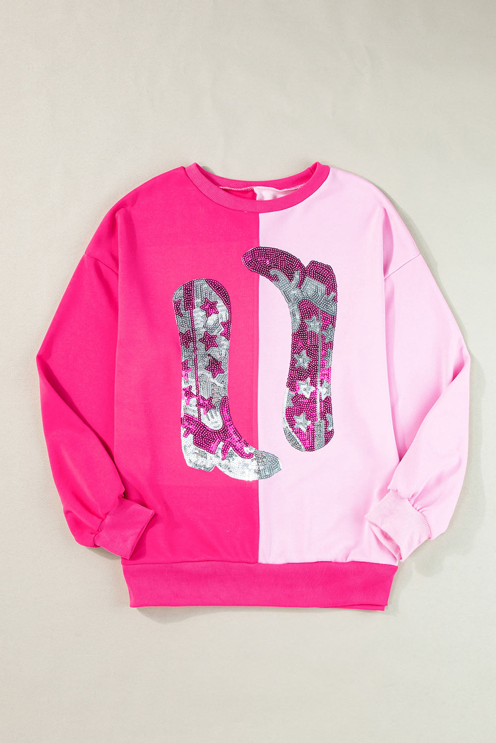 Colour Block Sequined Cowgirl Boots Graphic Sweatshirt | Pink