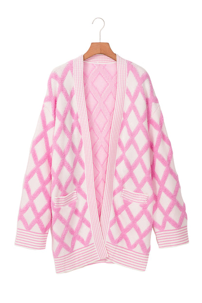 Rhombus Pattern Knit Open Front Pocketed Cardigans | Pink