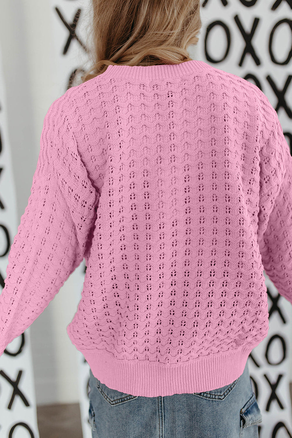 Crochet Knit Drop Shoulder Sweater | Pink