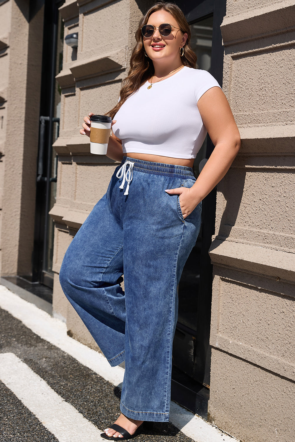 Plus Size Drawstring High Waist Straight Leg Jeans | Dusk Blue