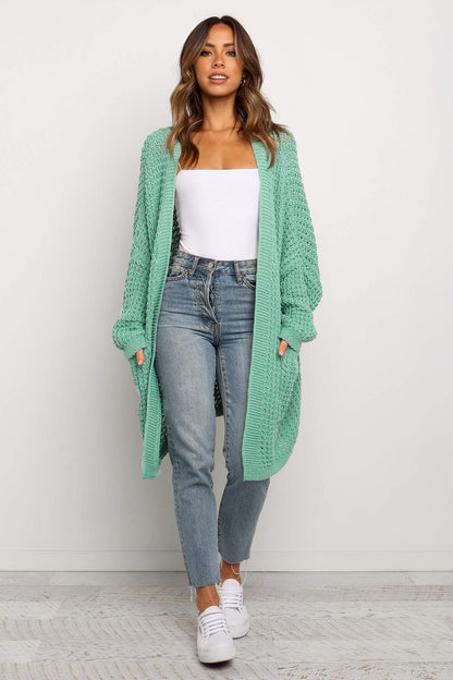 Long Line Open Front Knitted Cardigan With Pockets | Green