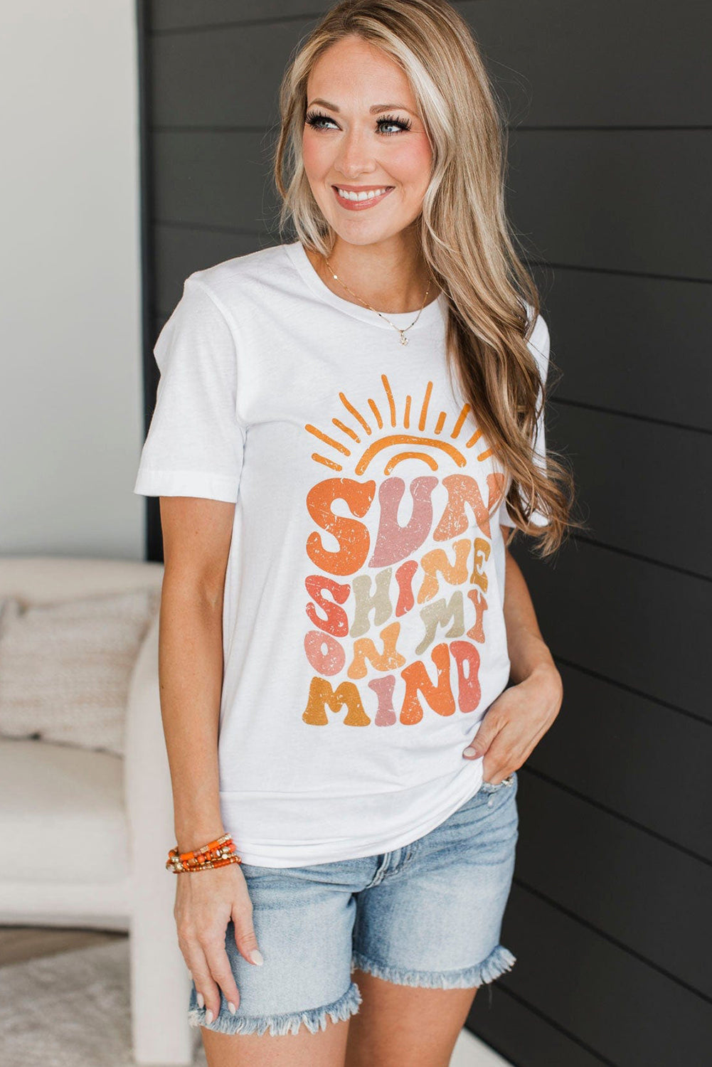 Sun Shine On My Mind Crew Neck Graphic Tee | White