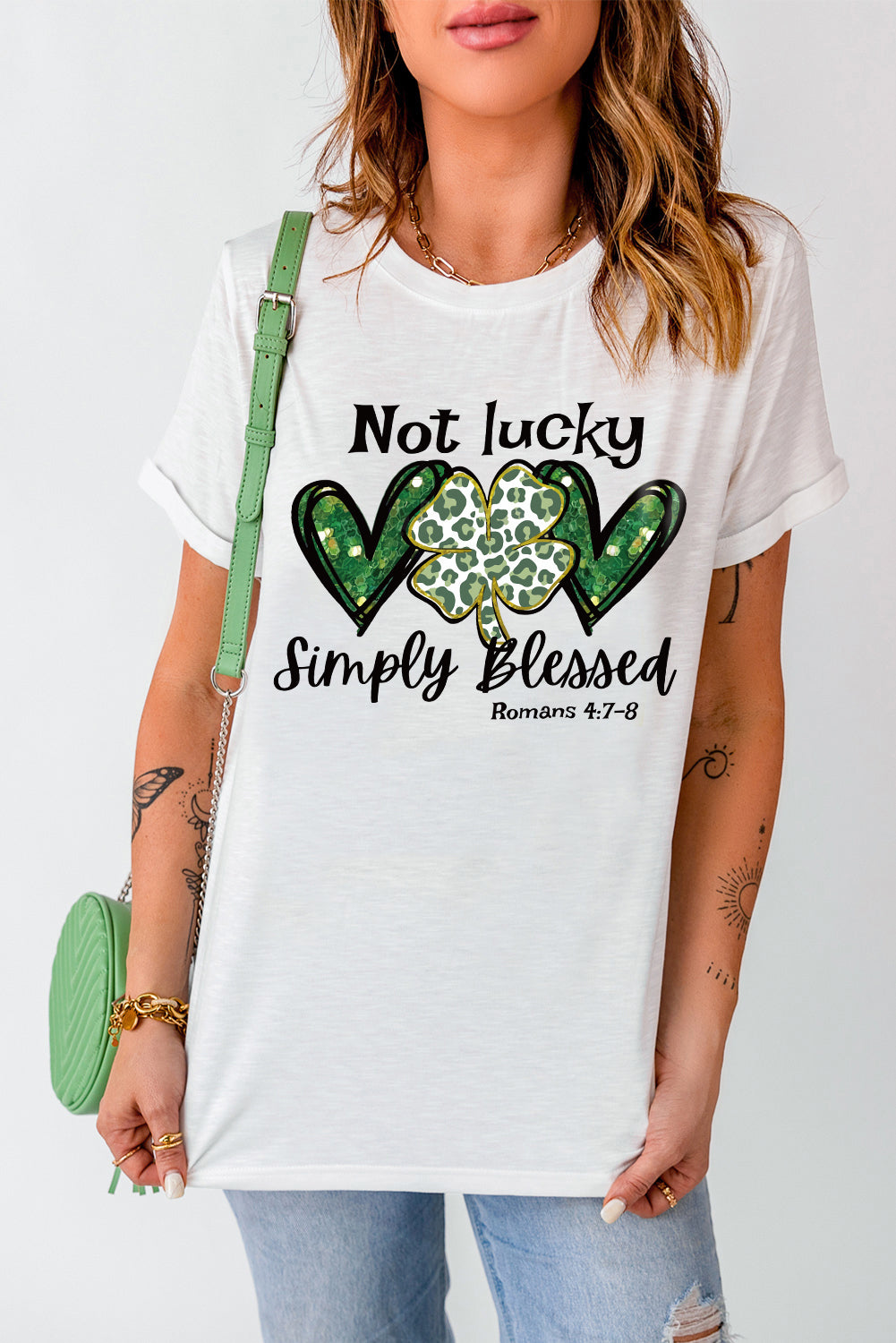 Heart Leopard Clover Slogan Letters Graphic Tee | White