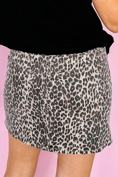 Leopard Denim Mini Skirt | Khaki