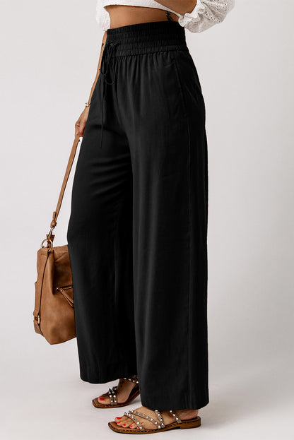 Drawstring Elastic Waist Casual Wide Leg Pants | Black