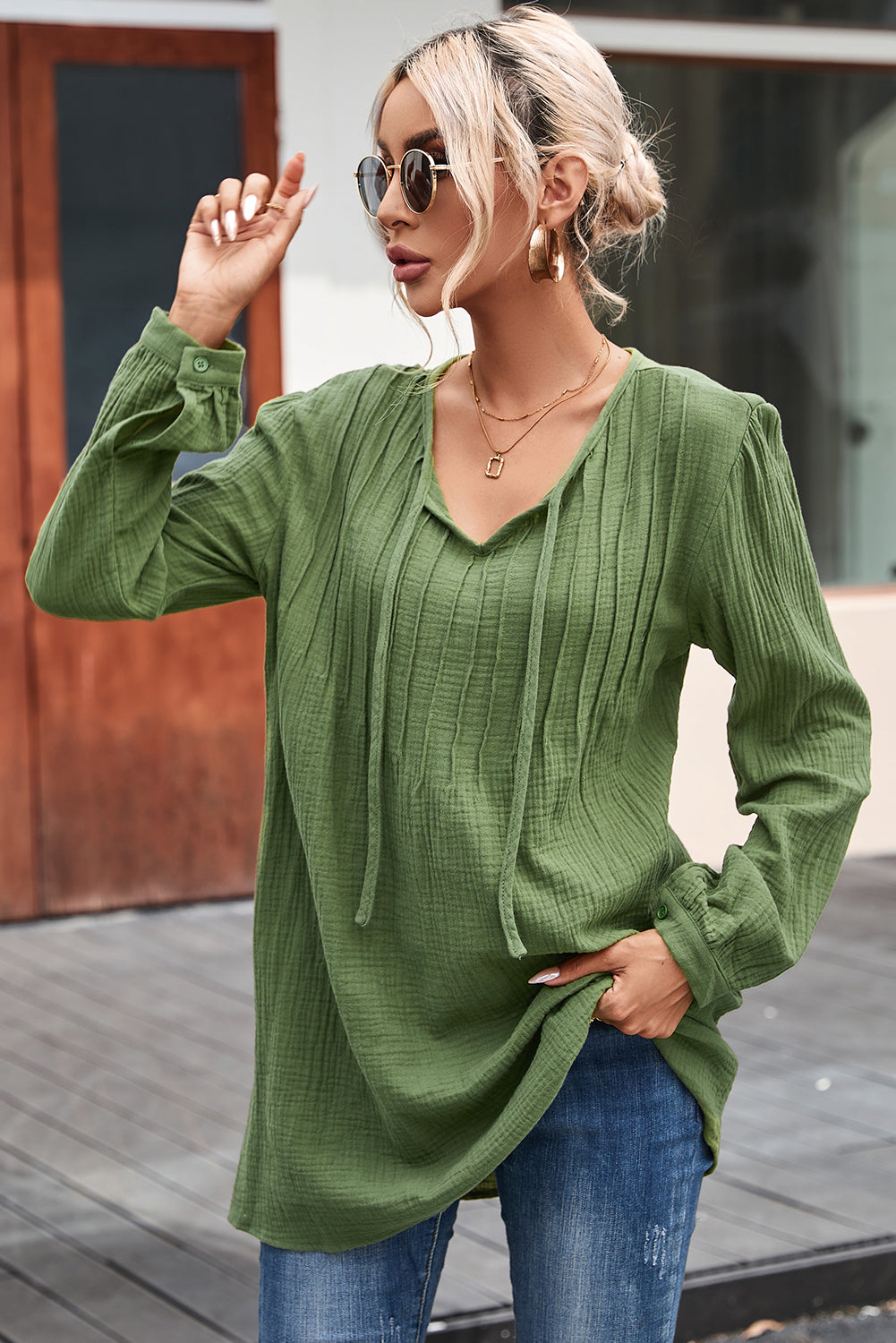 Casual Pleated V Neck Textured Loose Top | Green