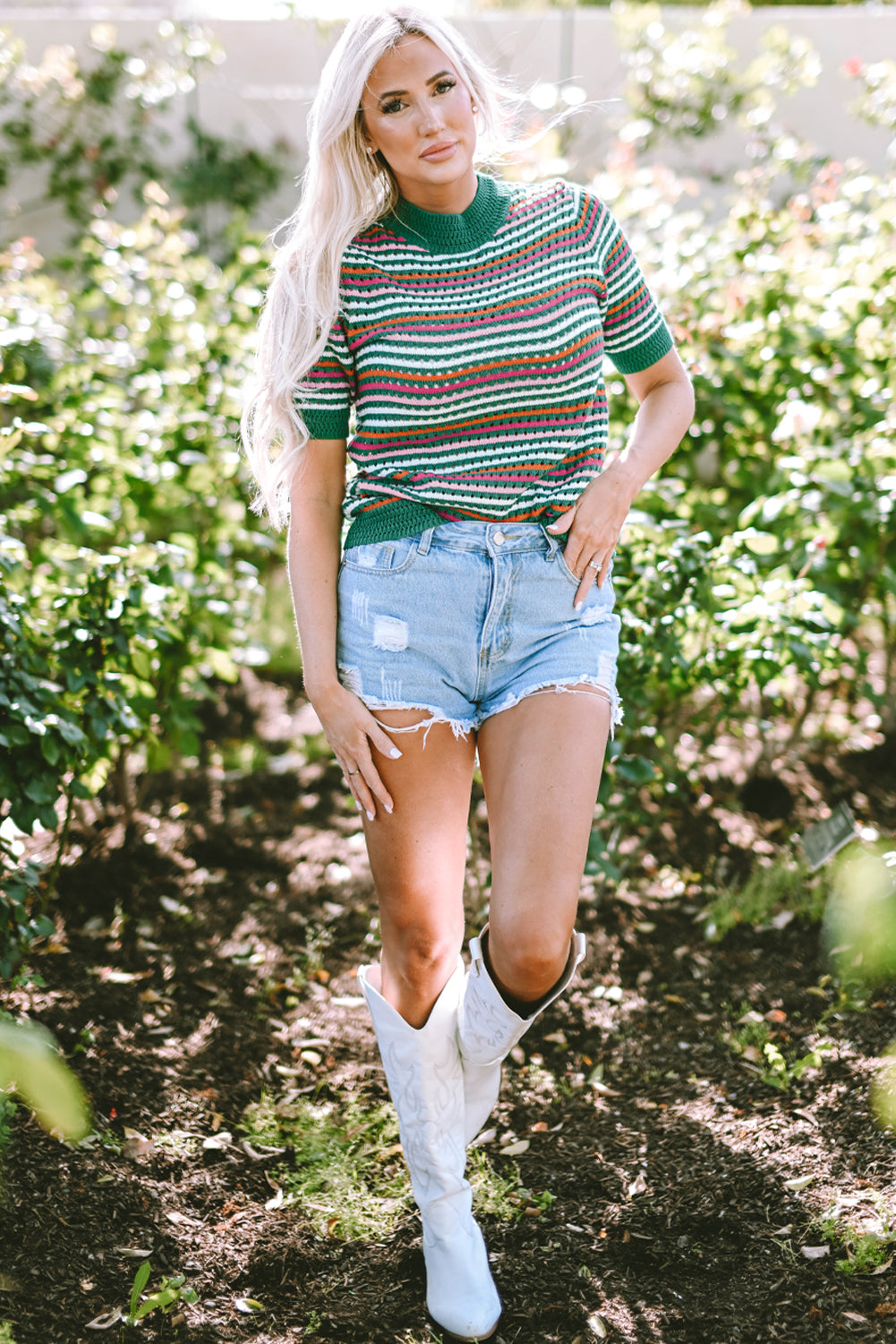 Striped Pattern Contrast Trim Pointelle Knit T Shirt | Dark Green