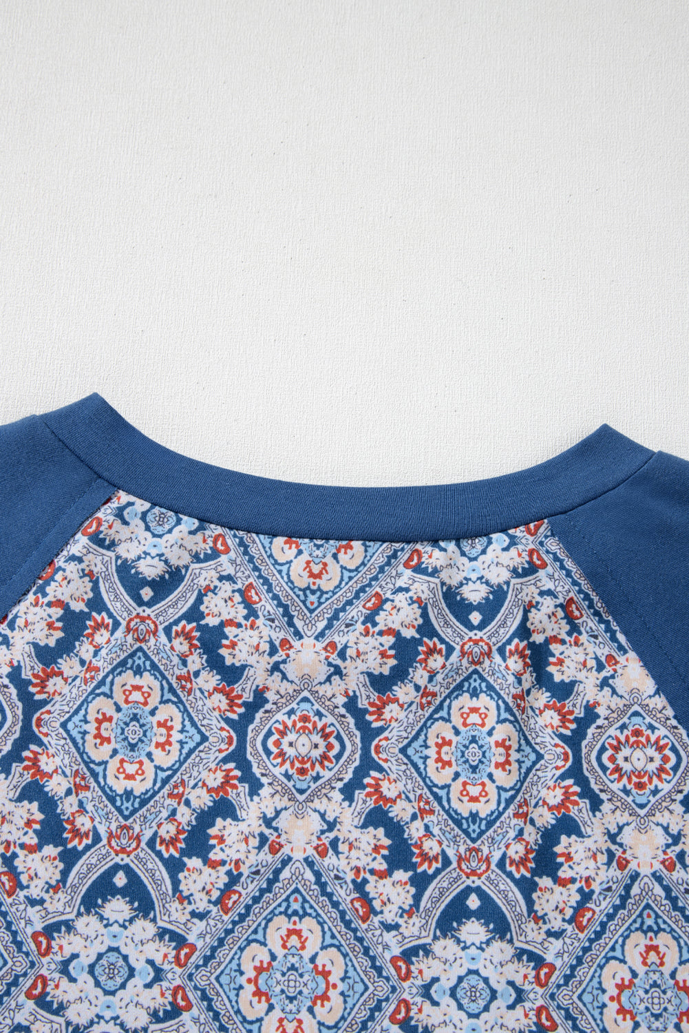 Geometric Printed Lace Patchwork Ric Rac Raglan Long Sleeve Top | Blue