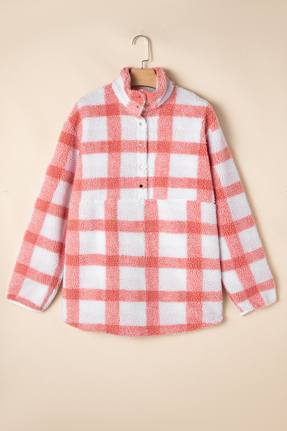 Plus Size Tunic Plaid Sherpa Henley Sweatshirt | Pink