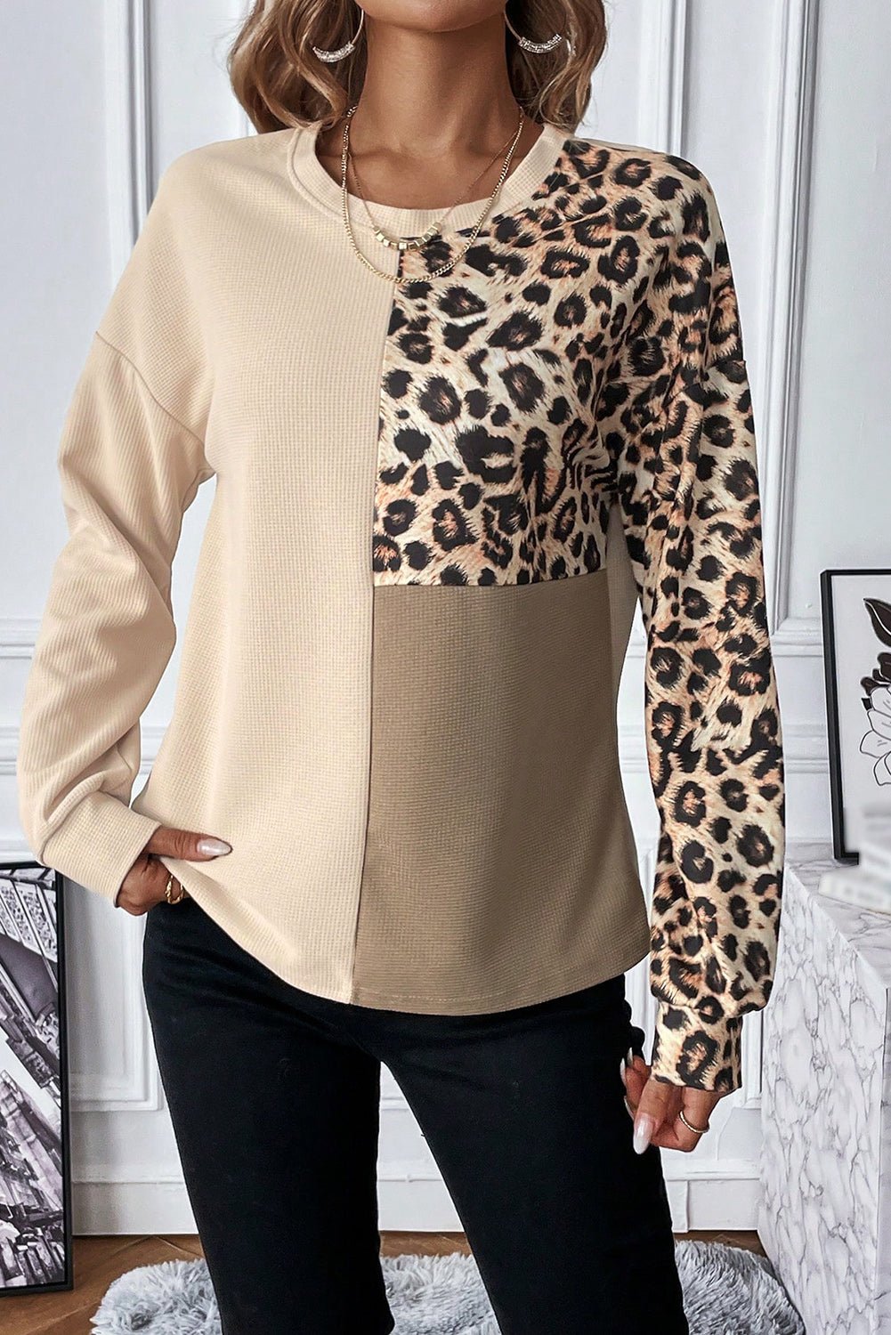 Leopard Colourblock Waffle Knit Top | Pale Khaki