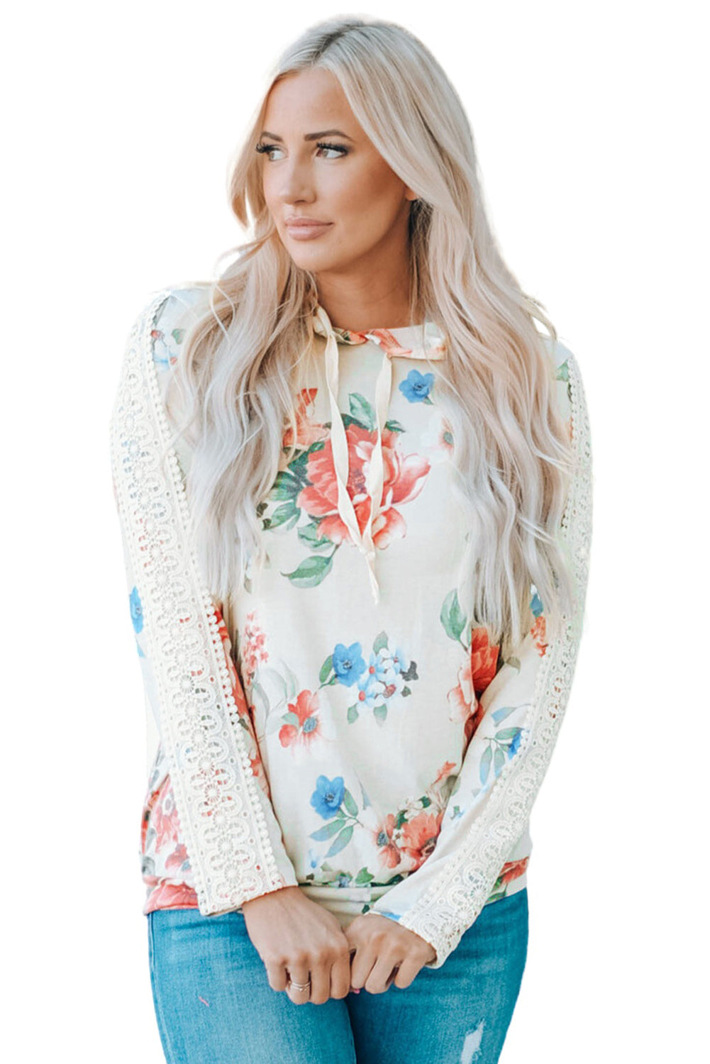 Floral Print Lace Contrast Long Sleeve Hoodie | Apricot