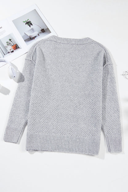 Loose Eyelet V Neck Drop Shoulder Sweater | Light Grey