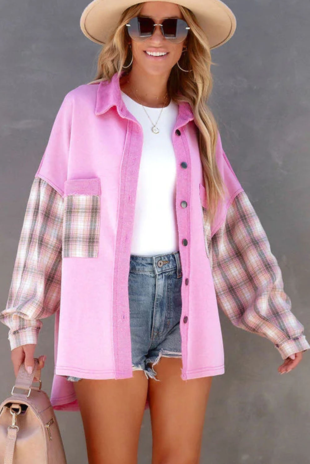 Plaid Patchwork Chest Pockets Oversized Shirt Jacket | Rose