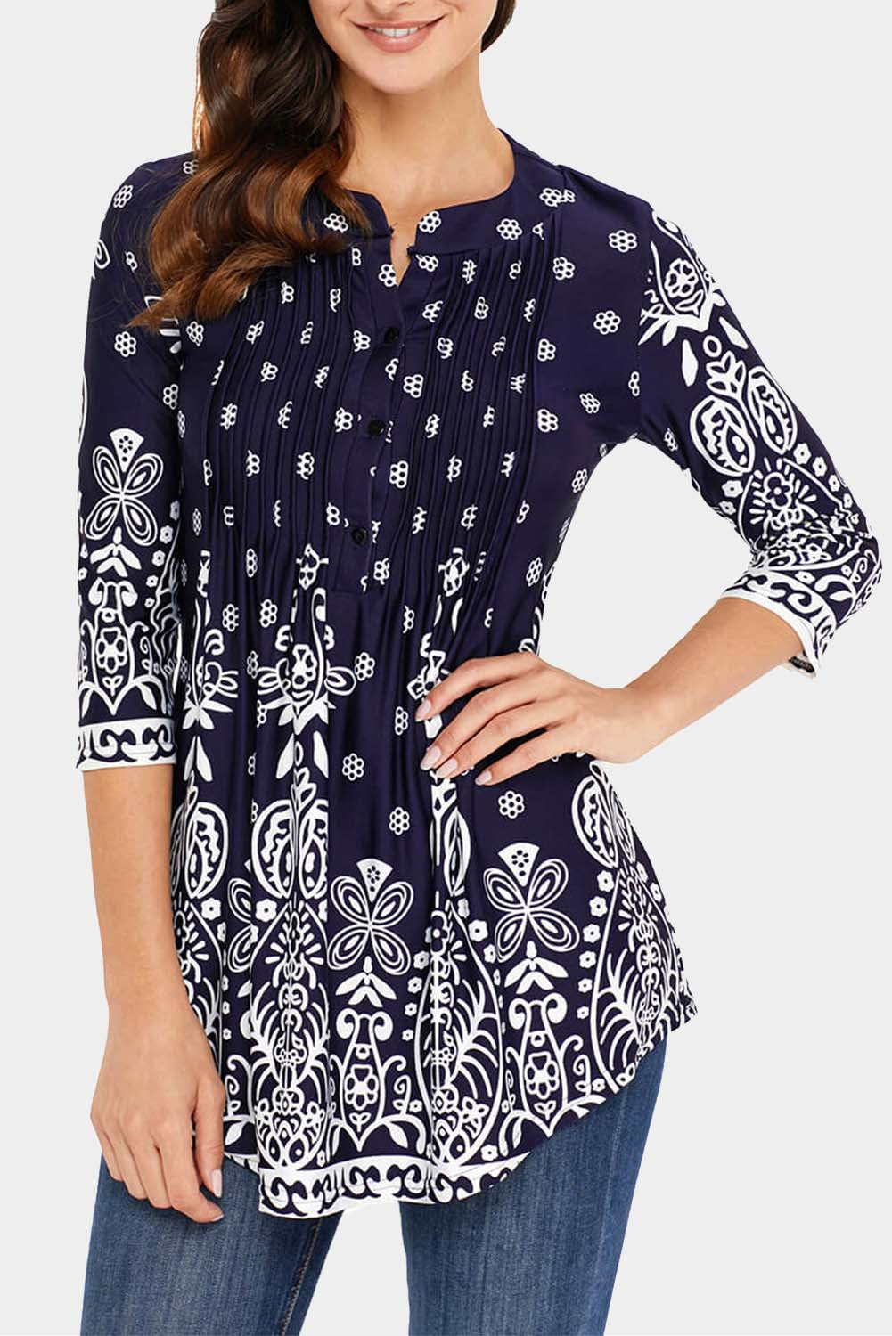 Navy Blue Floral Notch Neck Pin-tuck Tunic