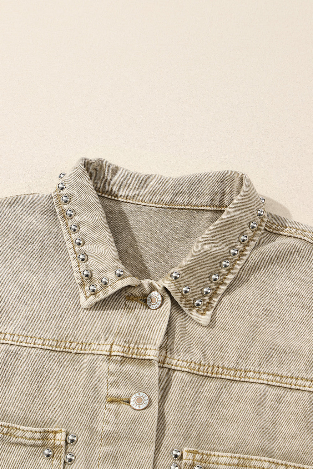 Light French Beige Rivet Studded Pocketed Denim Jacket | Flaxen