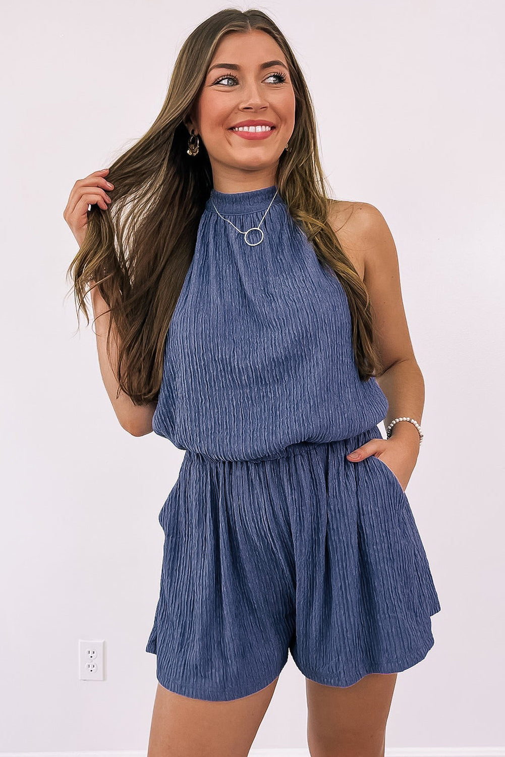 Knot Back High Neck Crinkle Textured Romper | Bluing