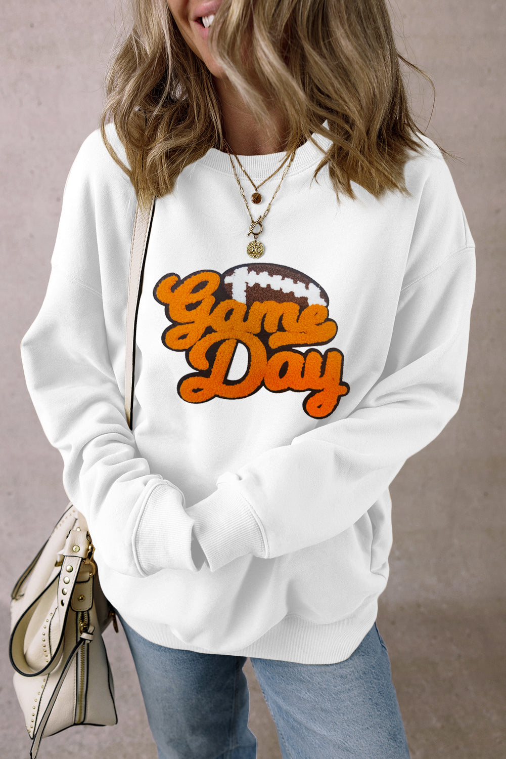 Chenille Game Day Rugby Football Pattern Pullover Sweatshirt | White