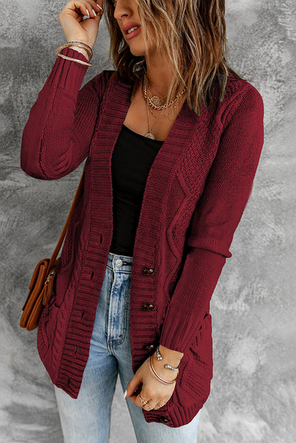 Burgundy Front Pocket And Buttons Closure Cardigan | Red