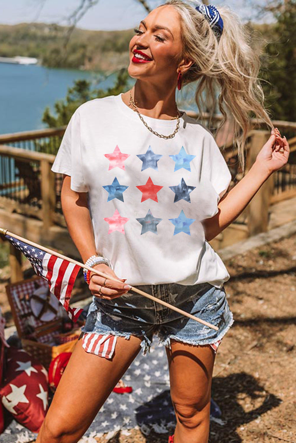 Flag Day Stars Print Crew Neck T Shirt | White