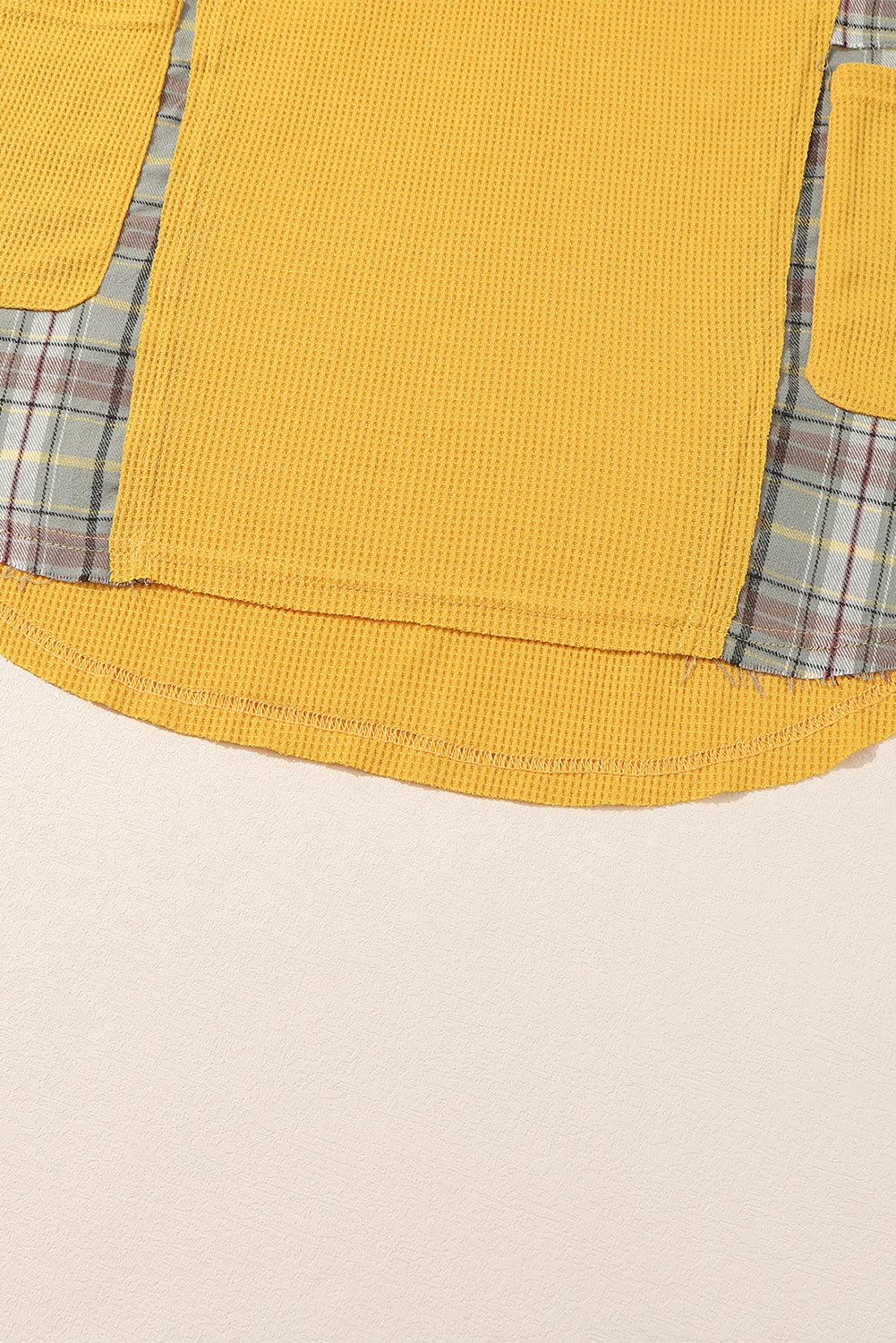 Waffle Knit Plaid Patchwork Pocketed Henley Hoodie | Yellow