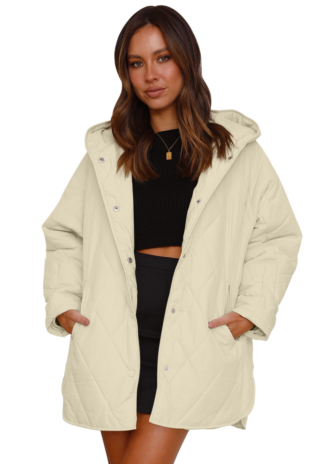 Quilted Snap Button Hooded Coat | Beige