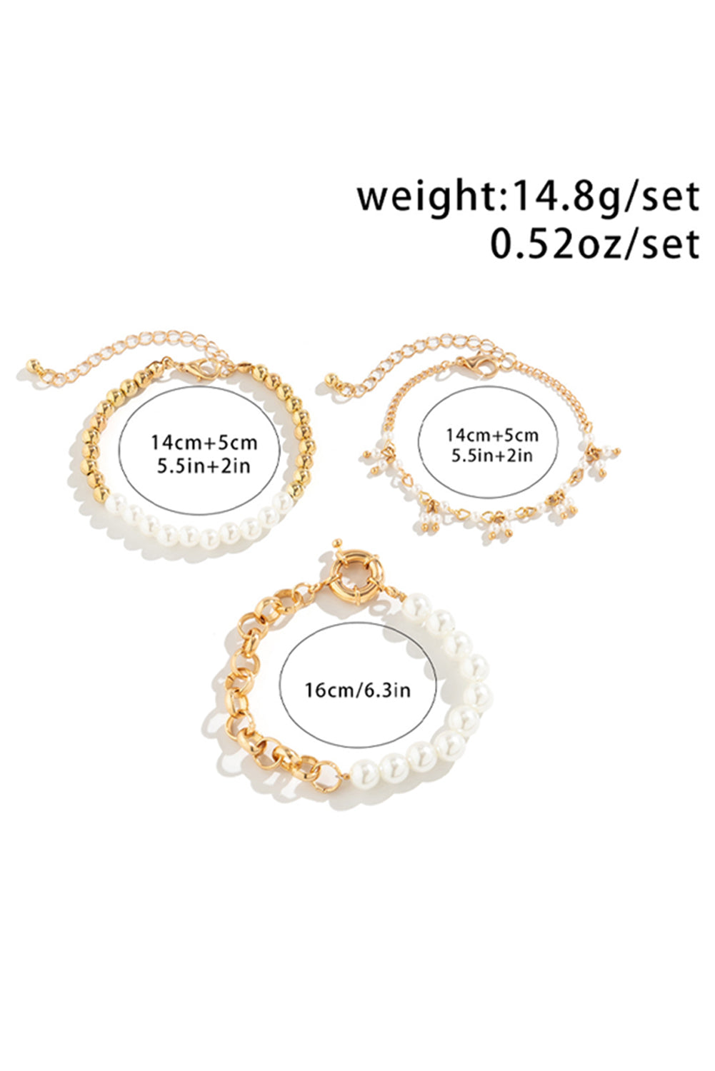 3Pcs Pearl Plated Alloy Beaded Bracelet Set | Gold