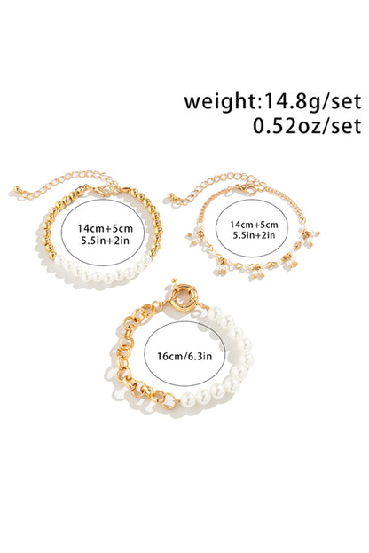 3Pcs Pearl Plated Alloy Beaded Bracelet Set | Gold