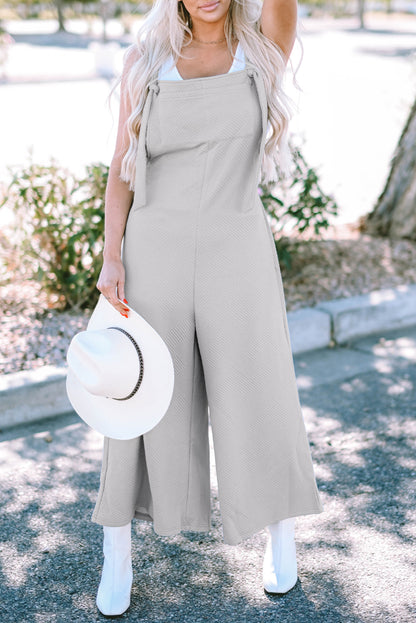 Textured Self-Tie Strap Wide-Leg Overalls | Light Grey