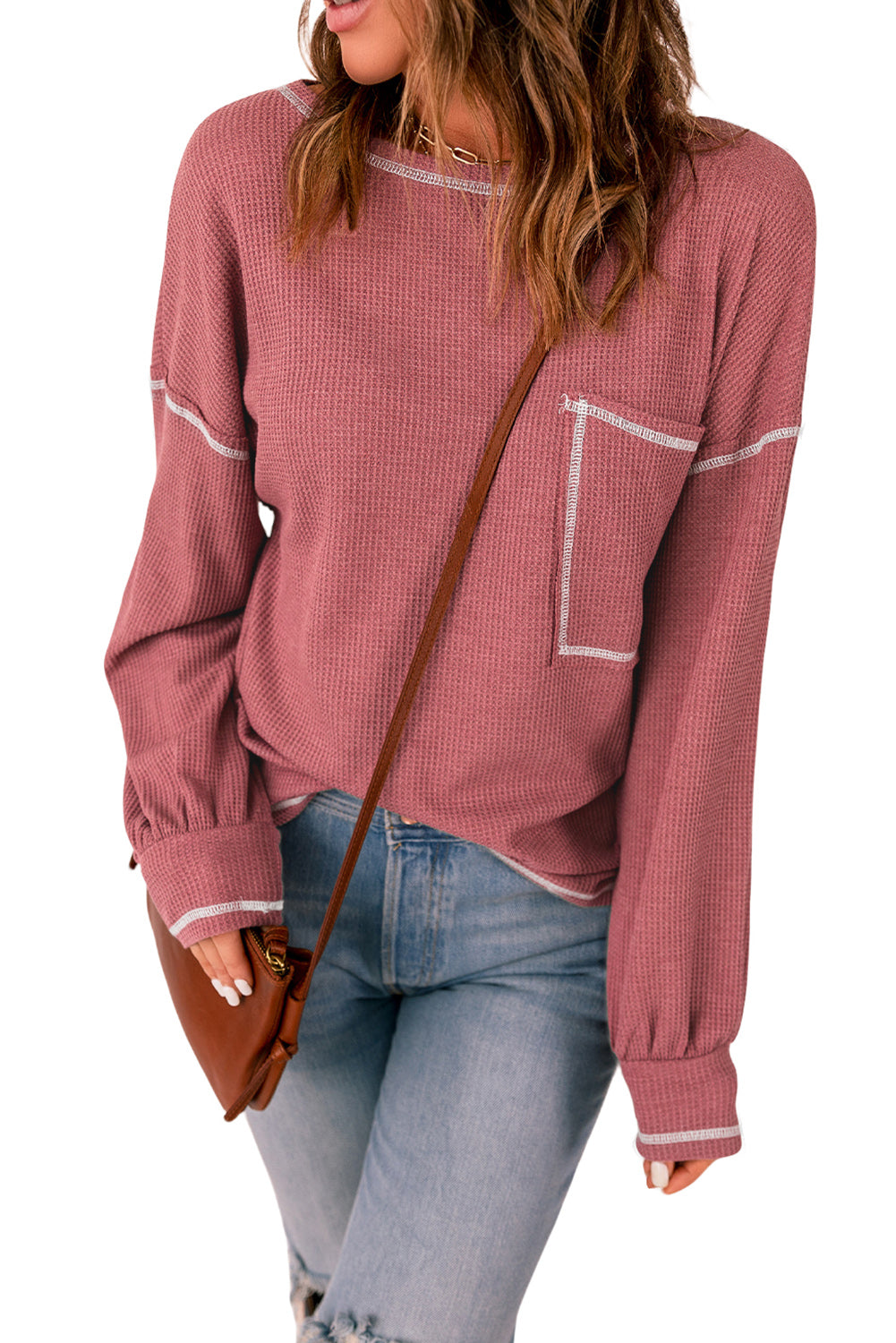 Contrast Stitching Trim Waffle Knit Pullover | Red