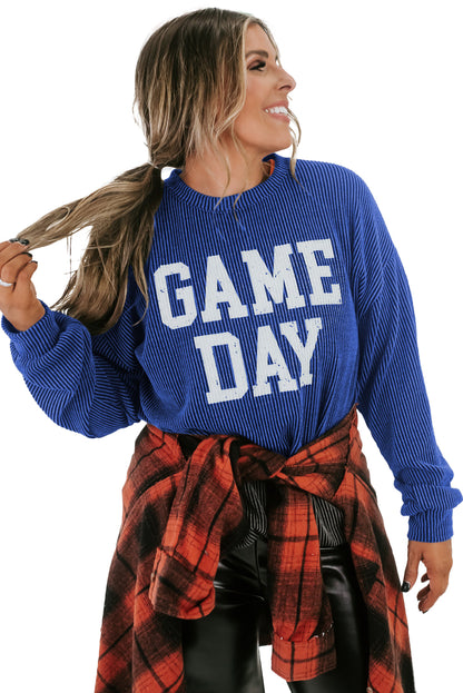 Corded Game Day Graphic Long Sleeve Crewneck Top | Bluing