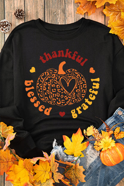 Black Leopard Pumpkin thankful blessed grateful Print Sweatshirt