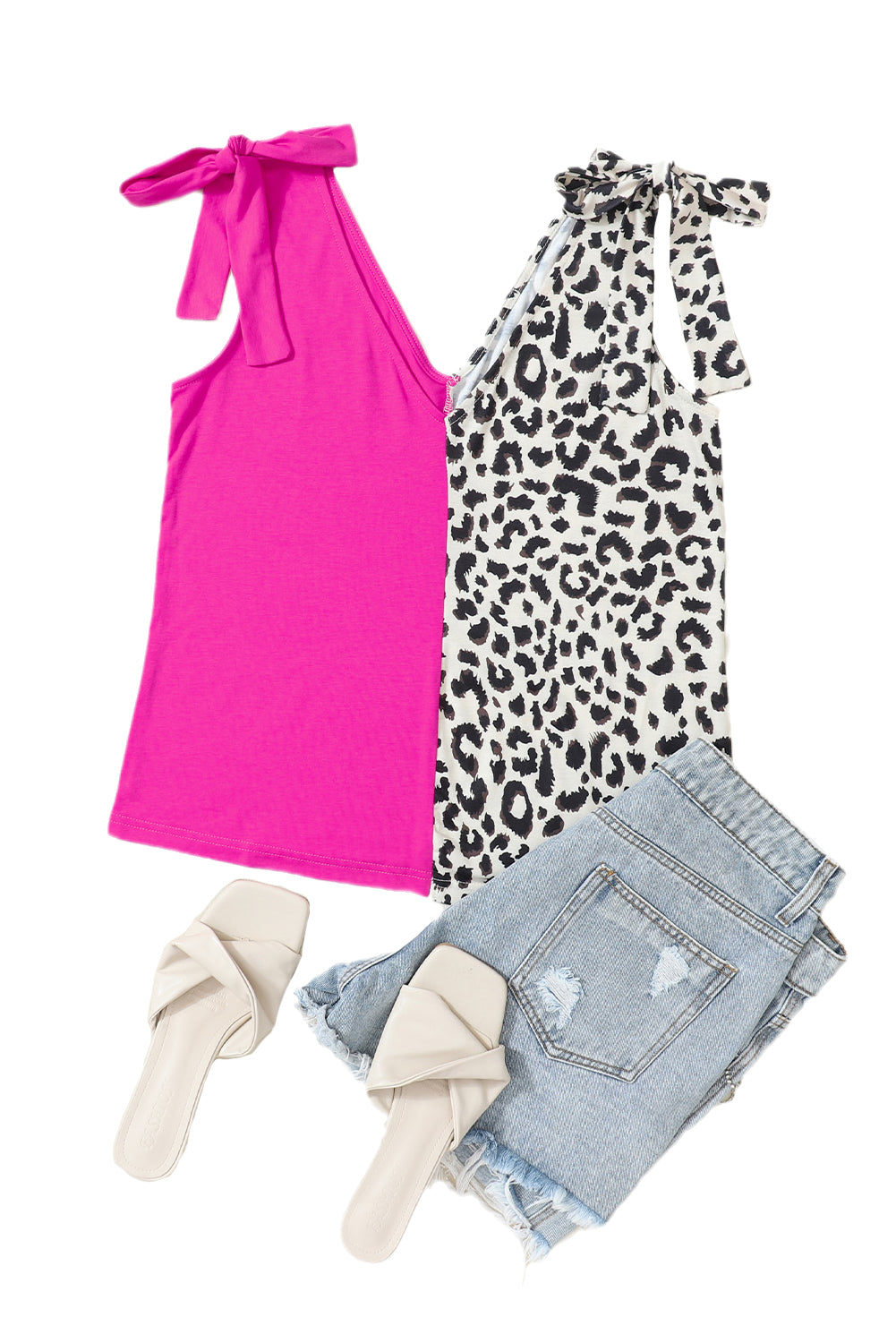 Leopard Patchwork Tie Strap Tank Top | Rose