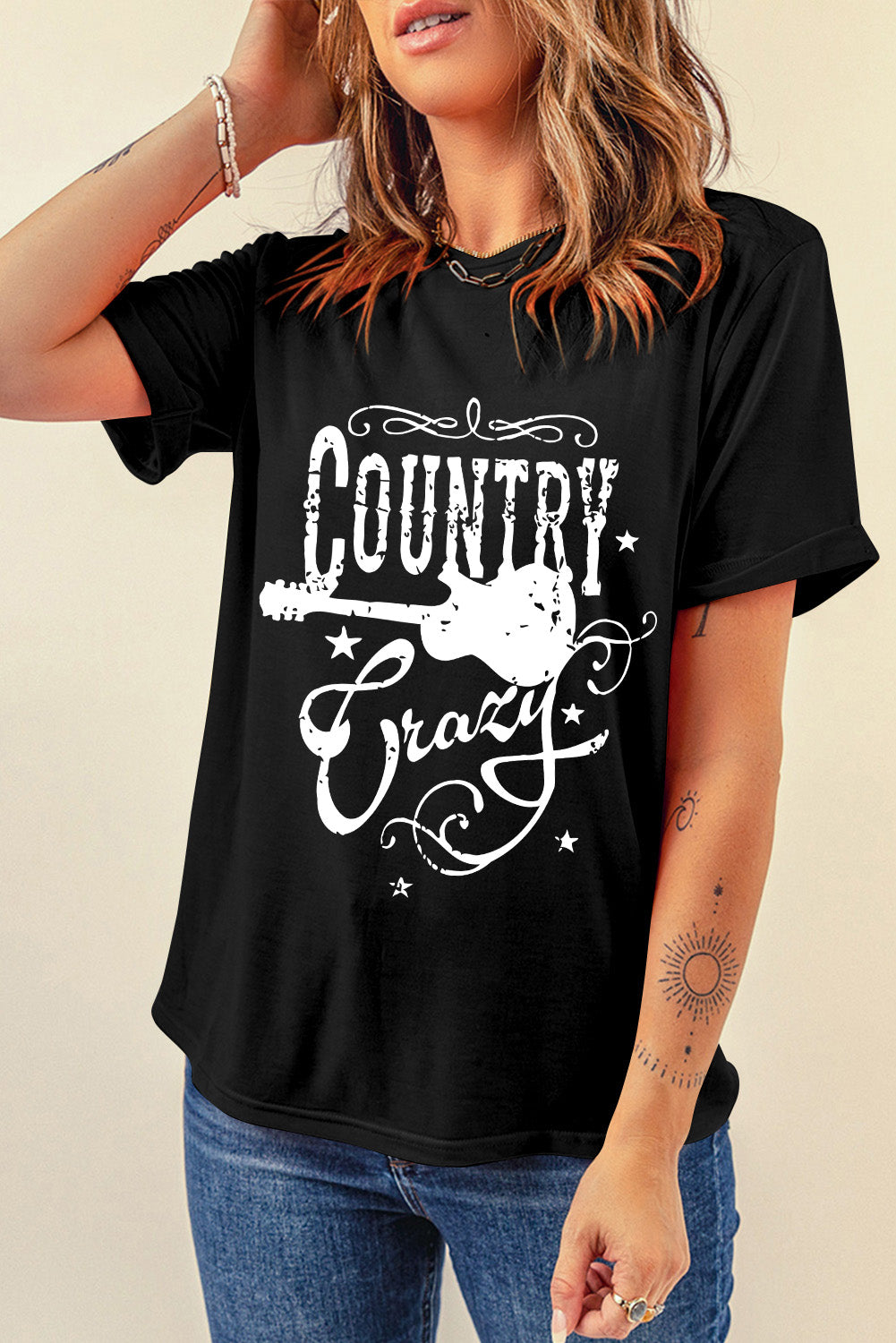 Country Music Crazy Print Crew Neck T Shirt | Black