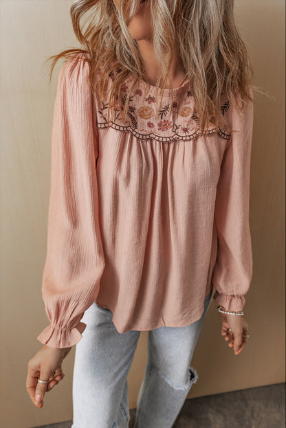 Floral Embroidered Textured Flounce Sleeve Elegant Blouse | Gossamer Pink