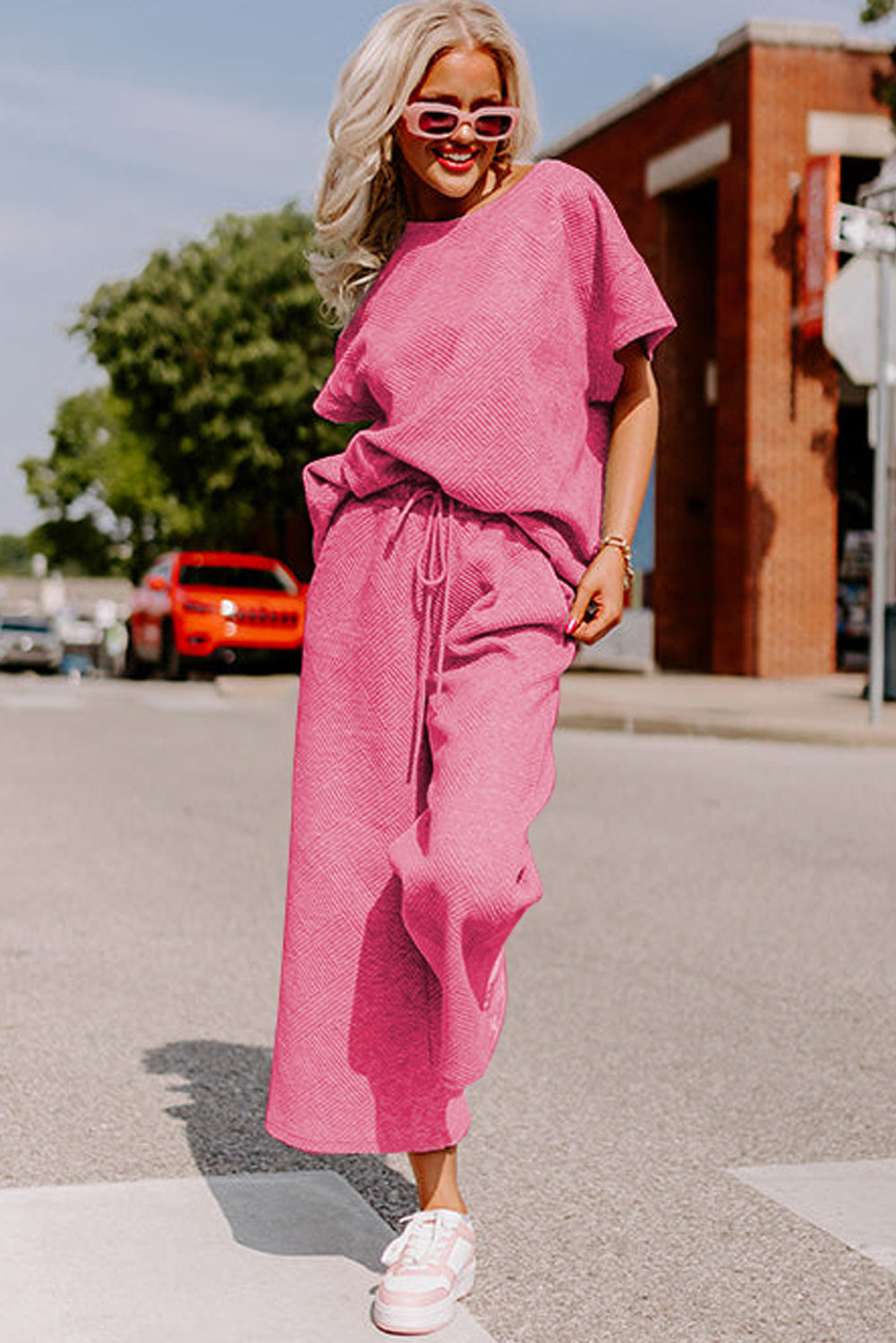 Textured Loose Fit T Shirt And Drawstring Pants Set | Strawberry Pink