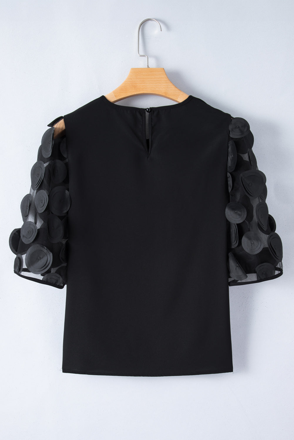 Contrast Applique Mesh Half Sleeve Blouse | Black