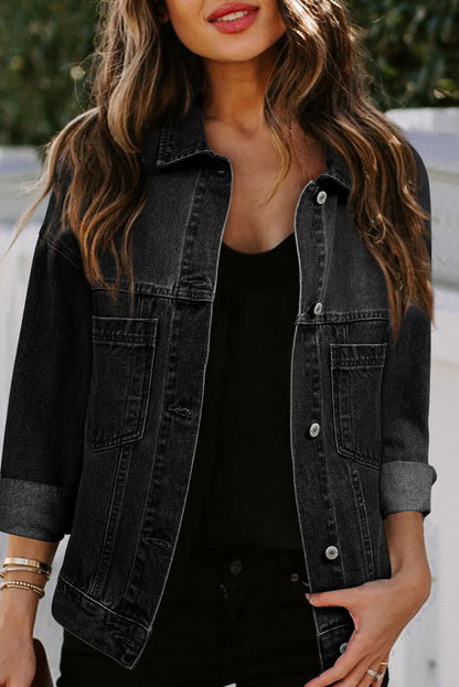 Washed Oversize Pocketed Denim Jacket | Black