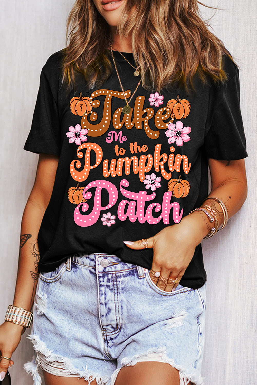 Take Me To The Pumpkin Patch Flower Print T Shirt | Black