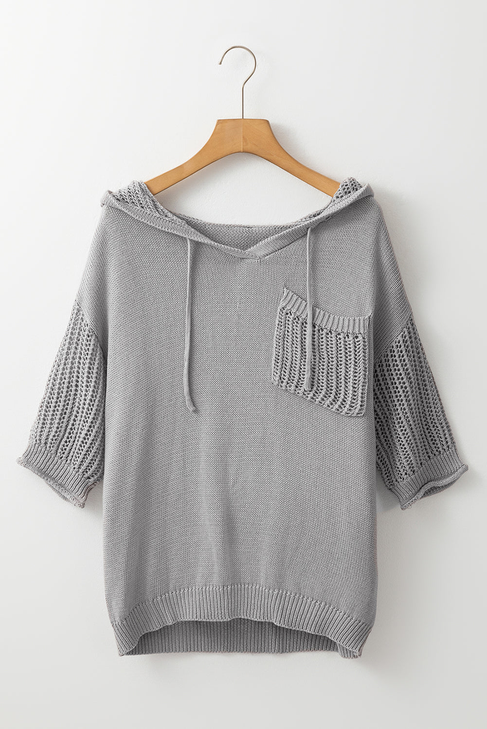 Openwork Drawstring Hooded Short Sleeve Sweater Top | Light Grey