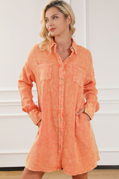 Crinkled Dual Chest Pocket Oversized Shirt Dress | Orange