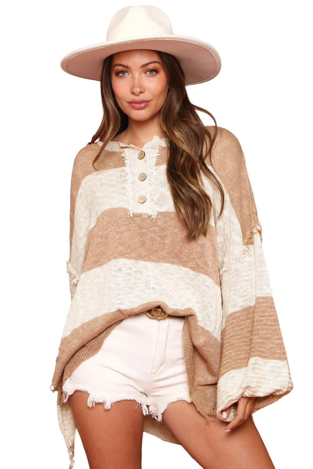 Oversized Colourblock Frayed High Low Henley Sweater | Khaki