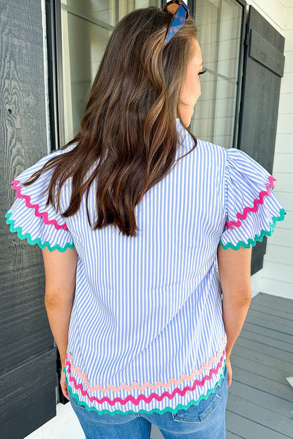 Ricrac Trim Split Neck Striped Ruffled Sleeve Blouse | Sky Blue Stripe