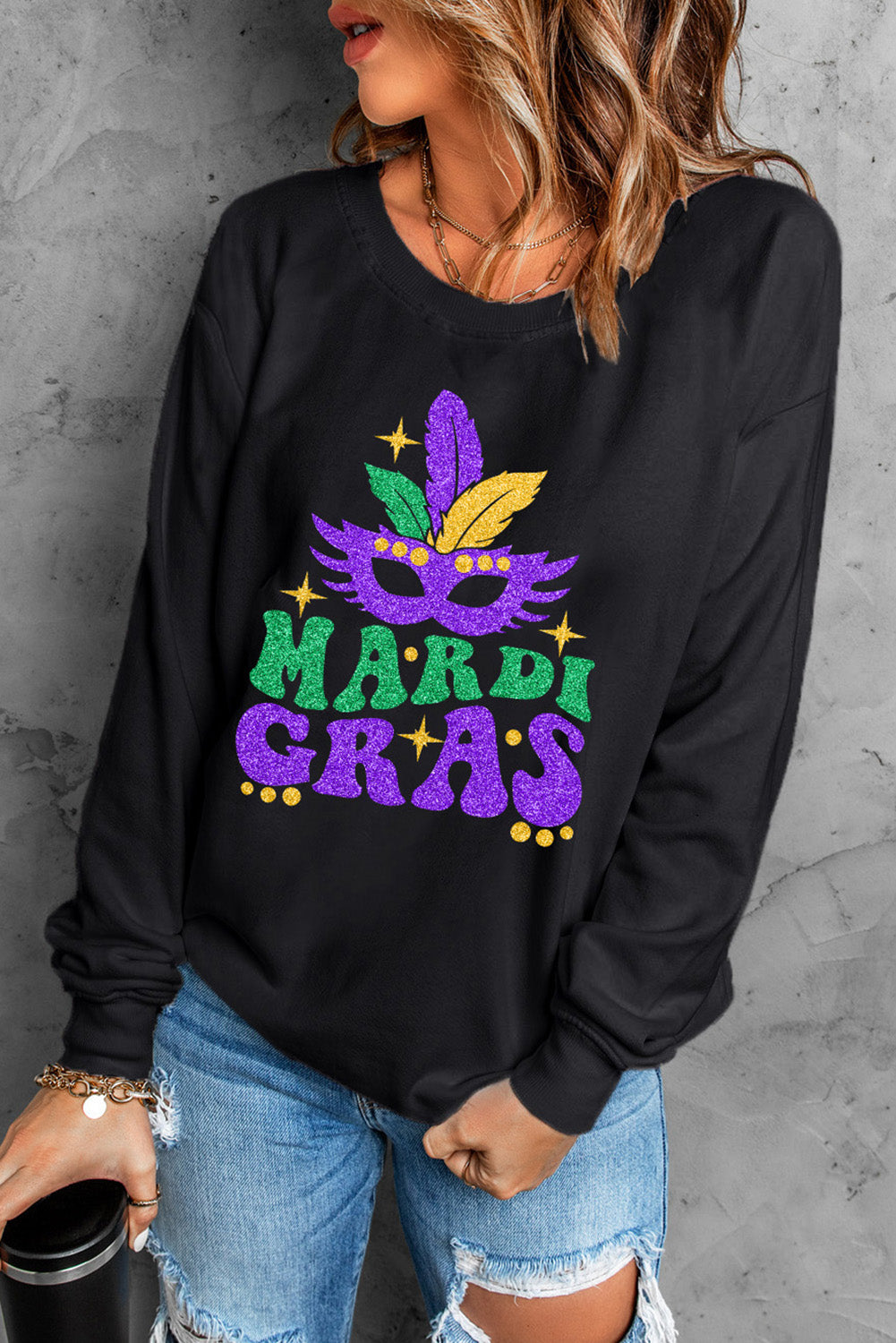 Heat Transfer Mardi Gras Mask Printed Sweatshirt | Black