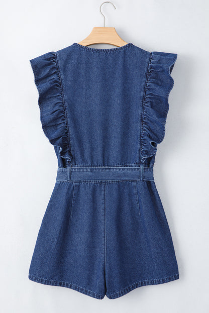 Denim Ruffled Zipped Front Belted Romper | Sail Blue