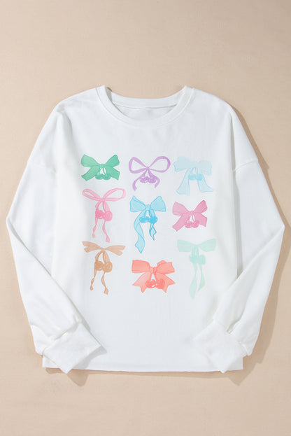 Bowknot Pattern Drop Shoulder Loose Sweatshirt | White