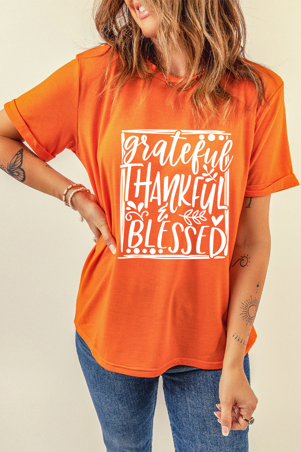 Grateful Thankful Blessed Printed Thanksgiving T Shirt | Orange