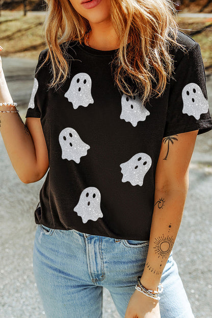 Glitter Ghost Pattern Crew Neck Halloween T Shirt | Black