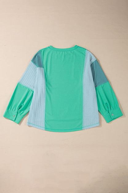 Colourblock Stitching Patchwork Buttoned Long Sleeve Top | Green