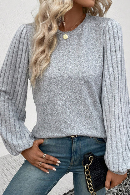 Contrast Ribbed Bishop Sleeve Top | Gray